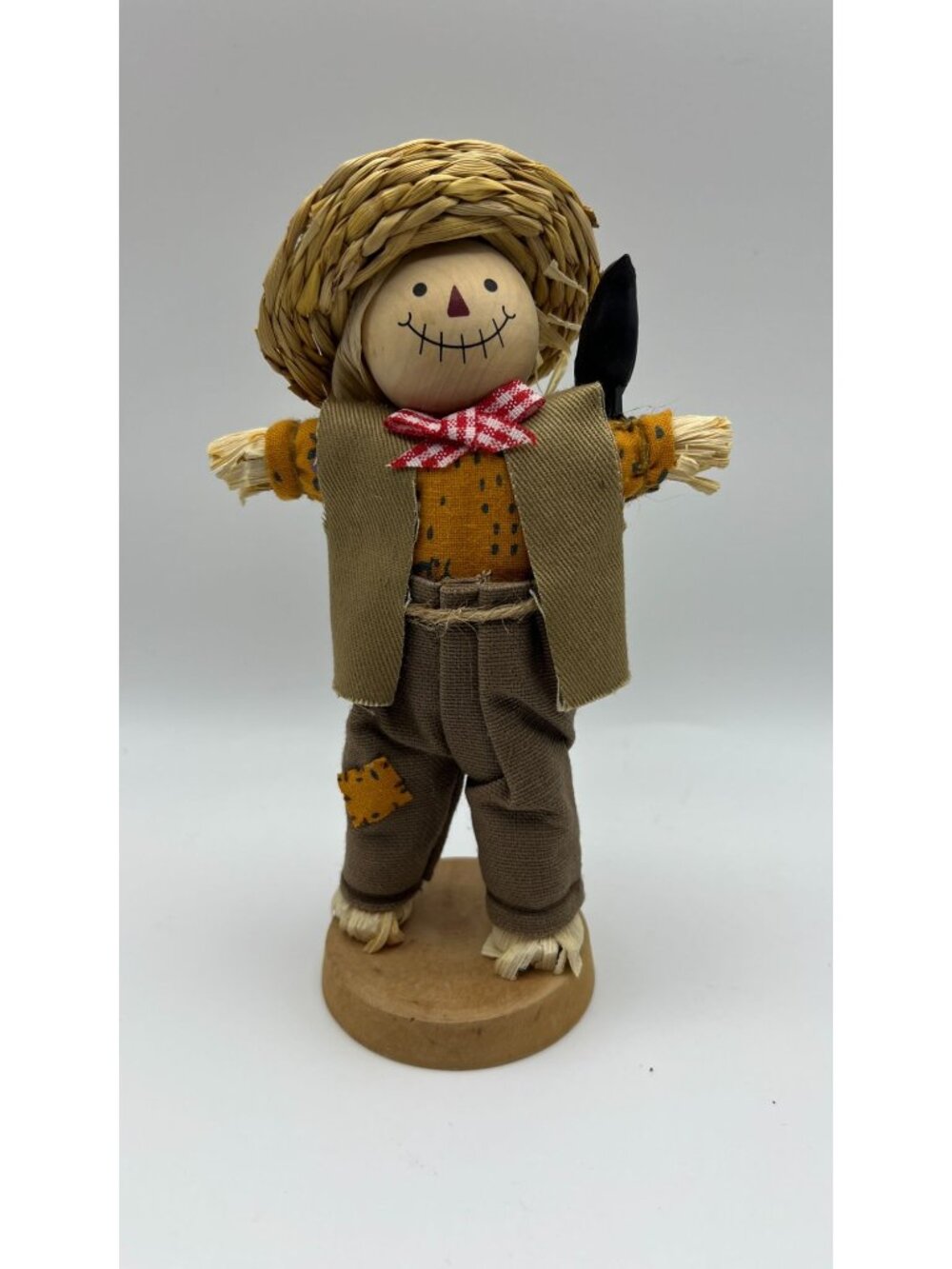 Handcrafted Scarecrow Figurine With Straw Hat & Wooden Base - Rustic Fall Decor